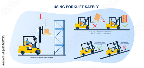 Male worker is using forklift according to safety rules in warehouse