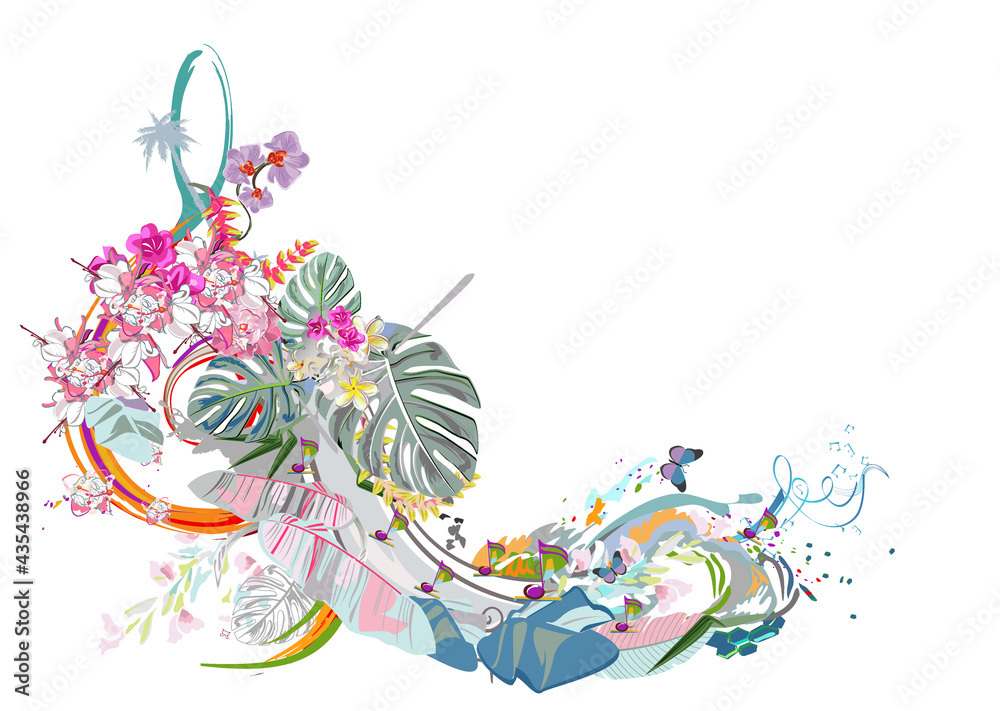 Abstract treble clef decorated with summer and spring flowers, palm leaves, notes, birds. Hand drawn musical vector illustration.