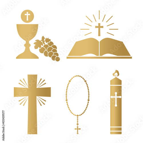 golden christianity icon set; communion chalice, bible, cross, rosary and candle- vector illustration