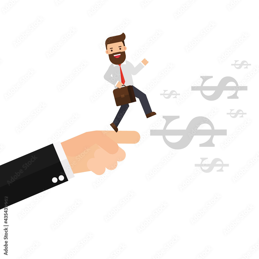 Hand helps businessman to step on a dollar sign Hand helps businessman to step on a dollar sign