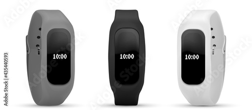 Fitness bracelet Collection of smart band. Realistic set of bright concepts on the use of fitness bracelets. Bracelet with run activity tracking.