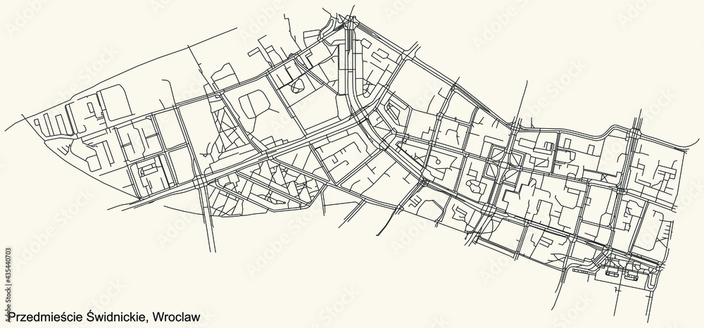 Black simple detailed street roads map on vintage beige background of the quarter Przedmieście Świdnickie district of Wroclaw, Poland