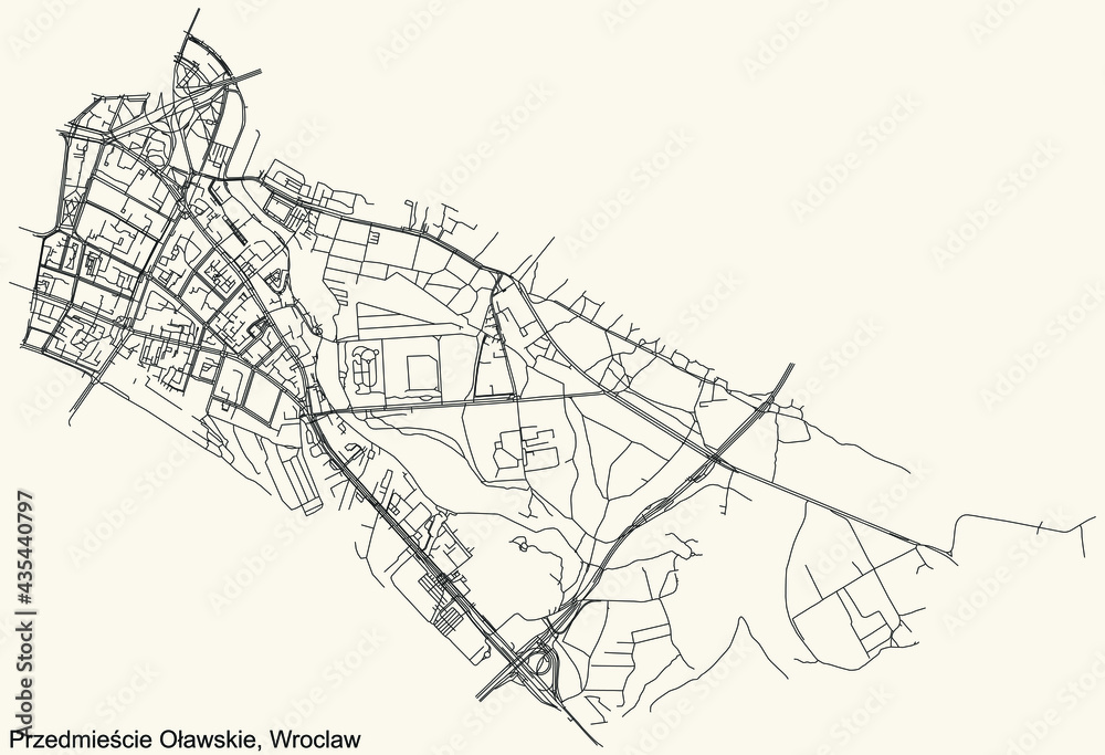 Black simple detailed street roads map on vintage beige background of the quarter Przedmieście Oławskie district of Wroclaw, Poland