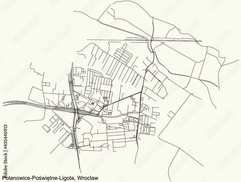 Black simple detailed street roads map on vintage beige background of the quarter Polanowice-Poświętne-Ligota district of Wroclaw, Poland