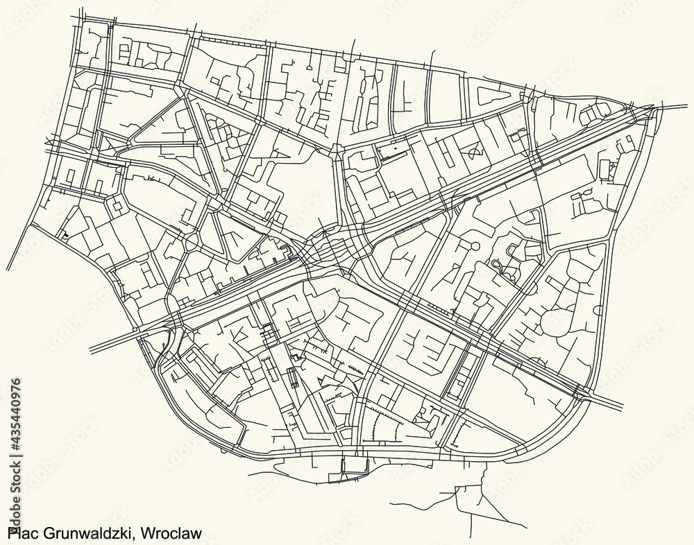 Black simple detailed street roads map on vintage beige background of the quarter Plac Grunwaldzki district of Wroclaw, Poland
