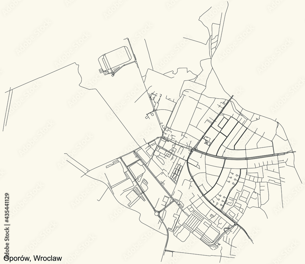 Black simple detailed street roads map on vintage beige background of the quarter Oporów district of Wroclaw, Poland