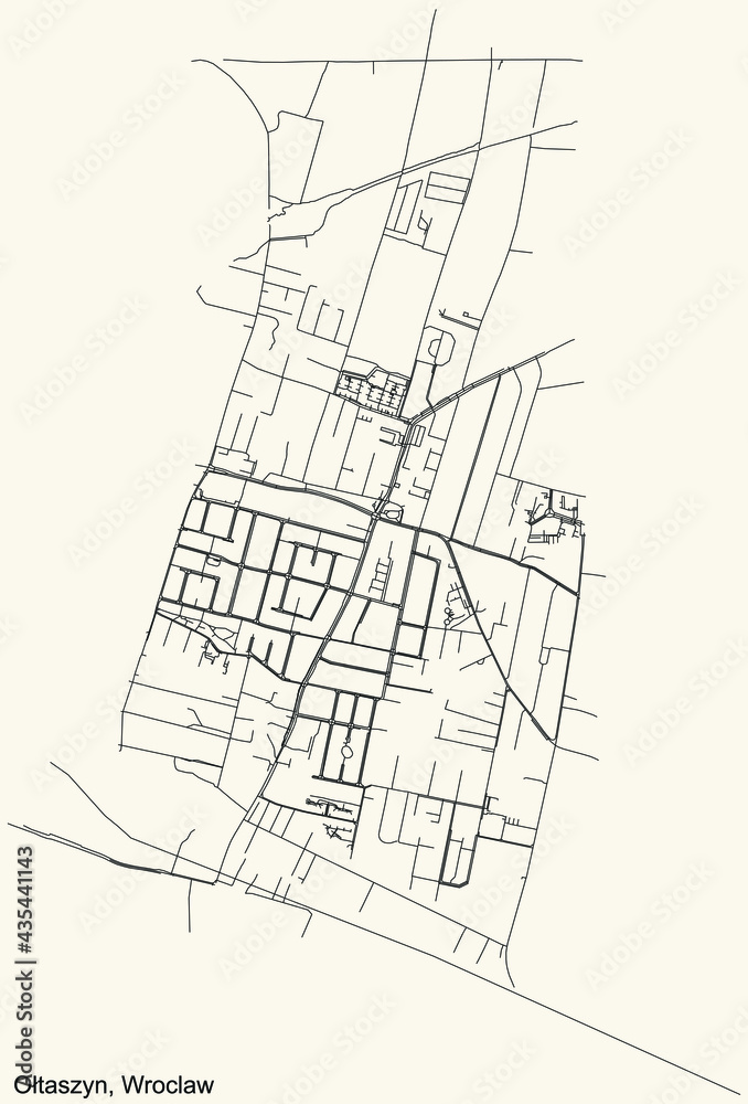 Black simple detailed street roads map on vintage beige background of the quarter Ołtaszyn district of Wroclaw, Poland