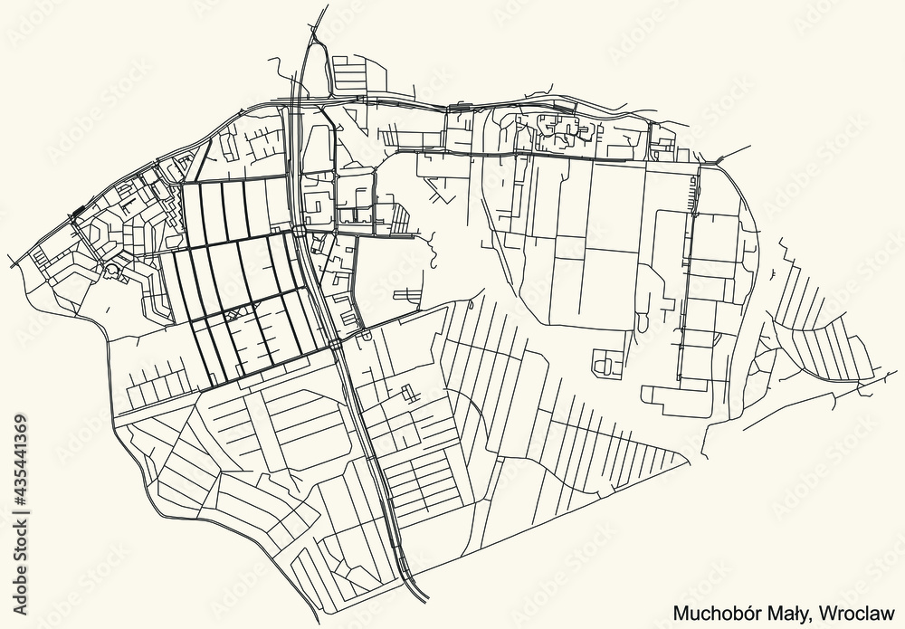 Black simple detailed street roads map on vintage beige background of the quarter Muchobór Mały district of Wroclaw, Poland