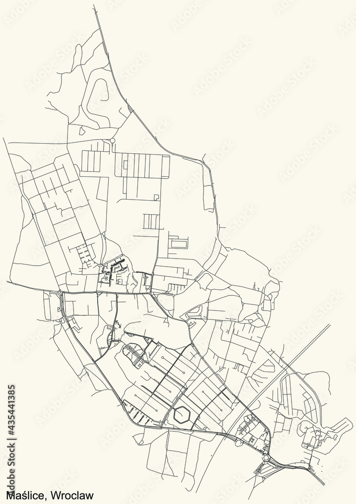 Black simple detailed street roads map on vintage beige background of the quarter Maślice district of Wroclaw, Poland
