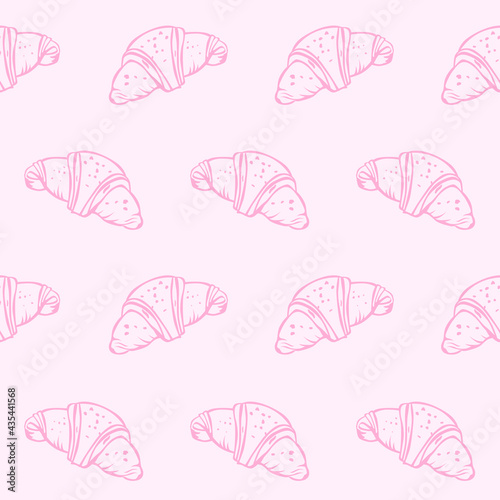 Vector seamless pattern of fresh and tasty croissant on a pastel pink background.