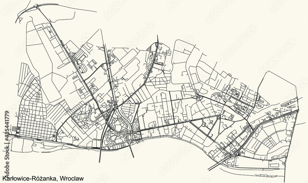 Black simple detailed street roads map on vintage beige background of the quarter Karłowice-Różanka district of Wroclaw, Poland