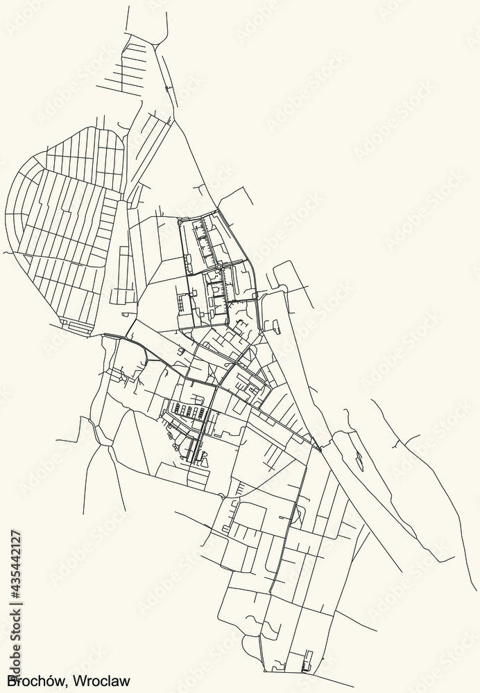 Black simple detailed street roads map on vintage beige background of the quarter Brochów district of Wroclaw, Poland