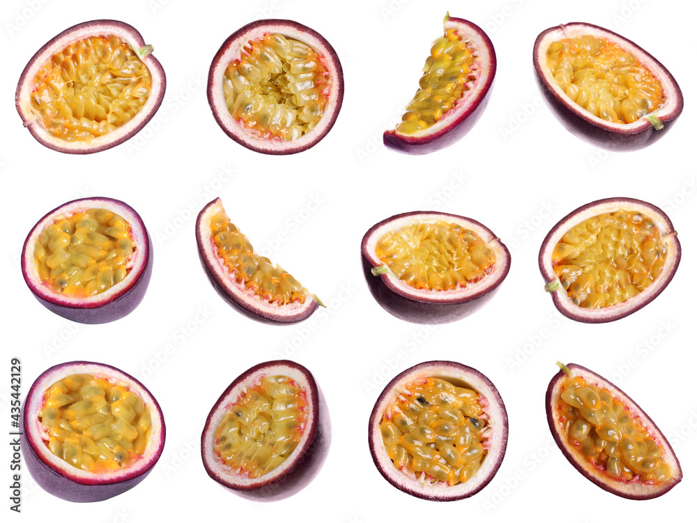 Set with delicious cut passion fruits on white background Set with delicious cut passion fruits on white background