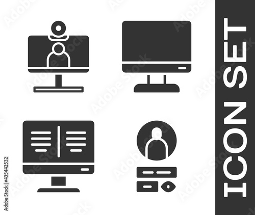 Set Create account screen, Video chat conference, Online book on monitor and Computer monitor screen icon. Vector