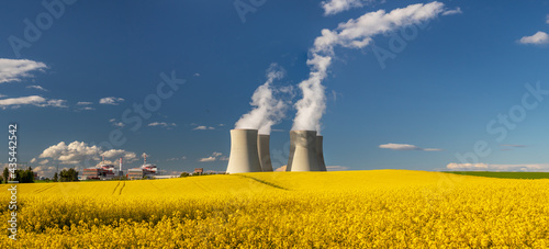 Nuclear Power Plant Temelin, Cooling towers with white water vapor in the landscape, Czech republic