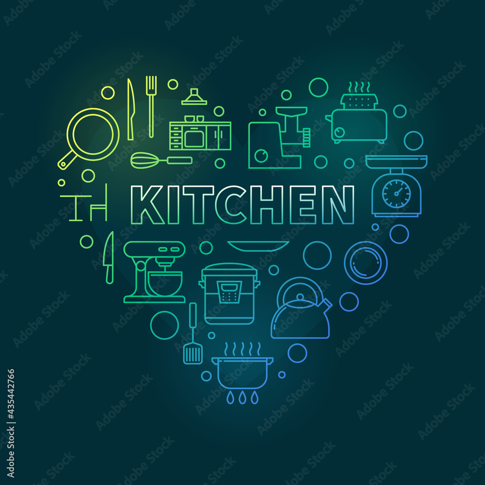 Kitchen Interior vector heart shaped colorful line illustration