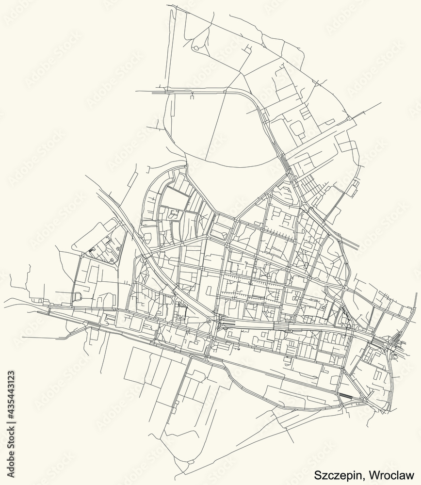 Black simple detailed street roads map on vintage beige background of the quarter Szczepin district of Wroclaw, Poland
