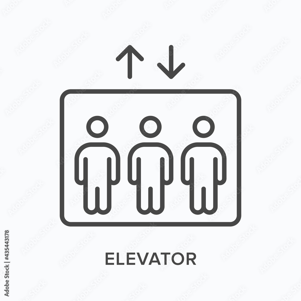 Elevator flat line icon. Vector outline illustration of cabin and people inside. Black thin linear pictogram for building passenger lift