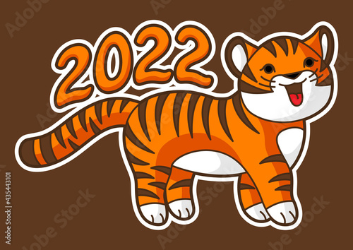 Fototapeta Naklejka Na Ścianę i Meble -  Greeting card with cute tiger. Symbol of Happy Chinese New Year 2022.