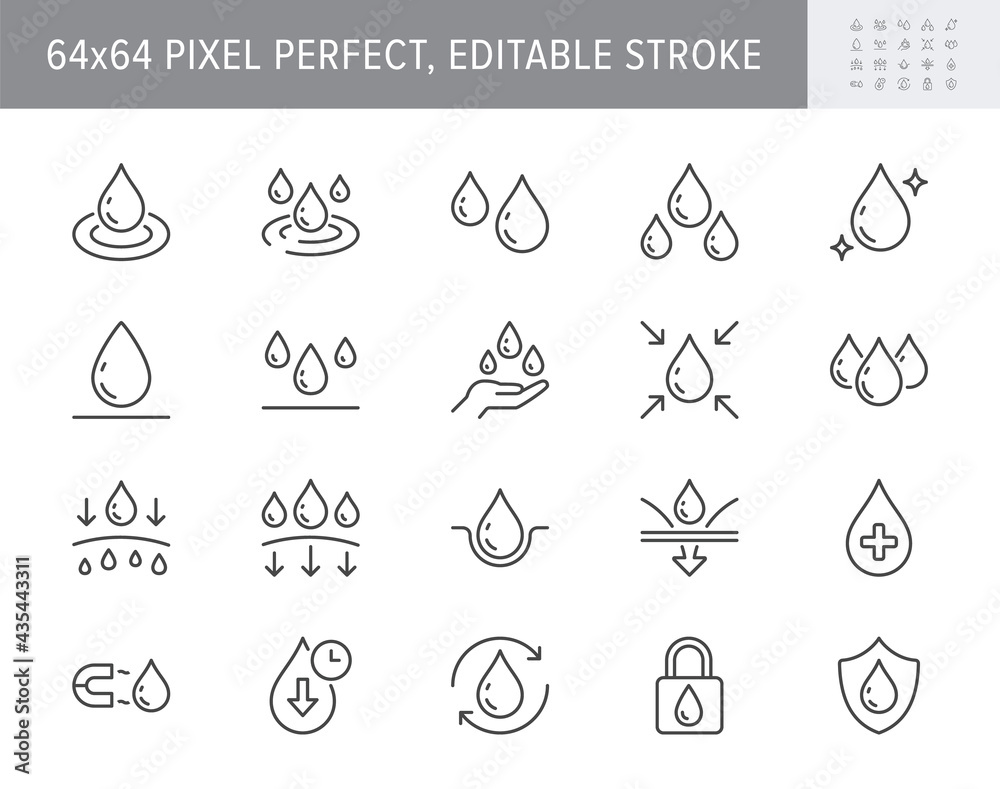 Cosmetic properties line icons. Vector illustration include icon - water shield, drop, absorb, lotion, serum, cosmetic outline pictogram for skin liquid absorb. 64x64 Pixel Perfect, Editable Stroke - obrazy, fototapety, plakaty 