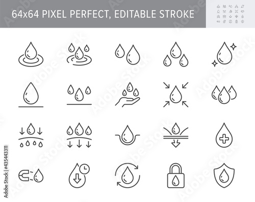 Cosmetic properties line icons. Vector illustration include icon - water shield, drop, absorb, lotion, serum, cosmetic outline pictogram for skin liquid absorb. 64x64 Pixel Perfect, Editable Stroke