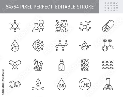 Cosmetic compounds line icons. Vector illustration include icon - vitamin, antioxidant, coenzyme q10, collagen outline pictogram for beauty chemical components. 64x64 Pixel Perfect, Editable Stroke photo