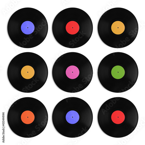 Set with vintage vinyl records on white background, top view