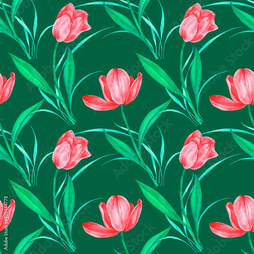 Seamless floral pattern with red tulips  foliage and grass for printing  packaging  textiles  wallpaper  wrapping paper. Watercolor