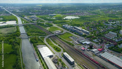 Aerial view of the cities wolfsburg and Fallersleben in Germany on a sunny day in spring. photo