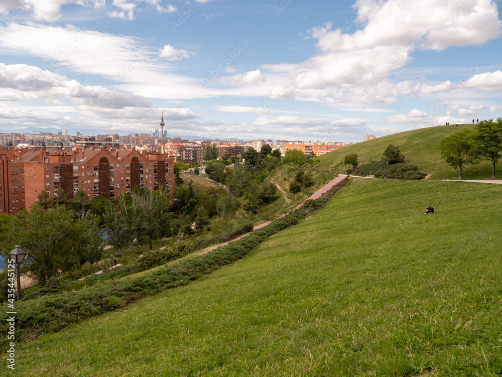 An aerial shot of the Parque del Cerro del Tio Pio in Madrid, Spain