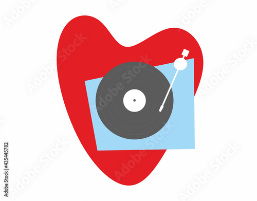 Turntable vinyl records player on heart background. Music poster, banner, print, sticker. Logo. LP. 60s, 70s, 80s retro style vintage analogue musical device.Colorful flat vector illustration isolated