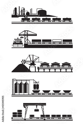 Freight railway wagons for various products – vector illustration