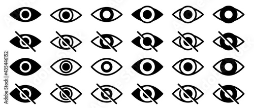 Information sign about delicate content. Conceptual symbols of internet security. Visible or hidden data entry. Broken and open eye icon. Vector elements