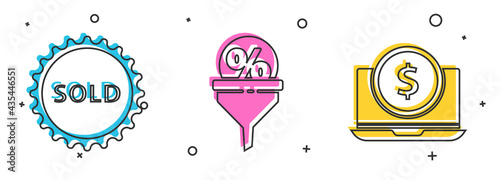 Set Sold label, Lead management and Laptop with dollar icon. Vector