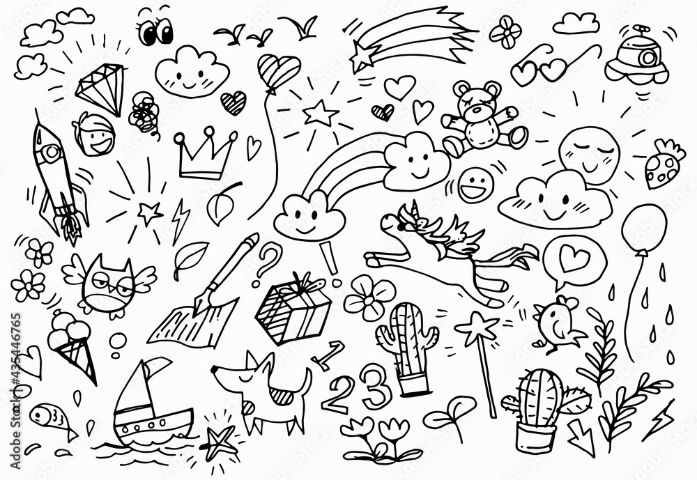 Vector illustration of Doodle cute for Hand drawn set of cute doodles for decoration on white background,Funny Doodle Hand 