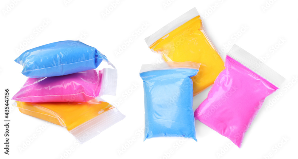 Packages of different colorful plasticine on white background, collage. Banner design Packages of different colorful plasticine on white background, collage. Banner design