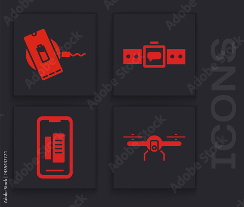 Set Drone flying, Wireless charger, Smartwatch and Smartphone, mobile phone icon. Vector
