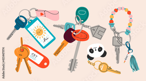 Set of various Keys with different Keychains. Keyholders and keyrings collection. Modern keys with pendants. Hand drawn Vector illustration. Home rental, property, real estate concept photo