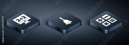 Set Isometric Equation solution, Calculator and Ringing bell icon. Vector