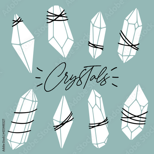 Silhouettes of wire wrapped gems, crystals, diamonds, minerals, rhinestones, birthstones. Abstract, spiritual, witchy, boho collection. Polygonal, geometric shapes. Vector hand drawn