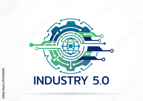 Industry 5.0 Concept Business Control or Logo, World Factory and Wheel Eclectic, Cyber Physical Systems concept,smart factory logo.