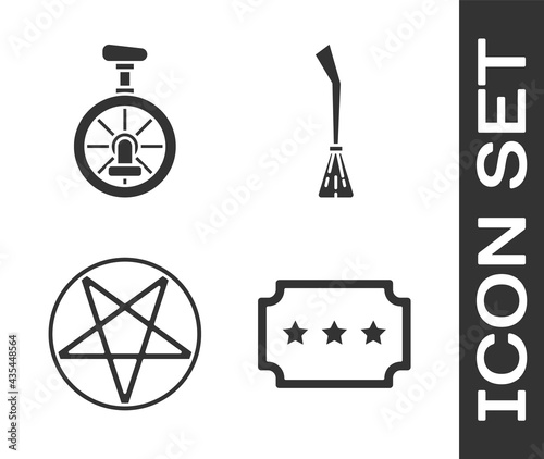Set Ticket, Unicycle or one wheel bicycle, Pentagram in a circle and Witches broom icon. Vector