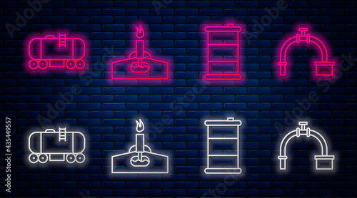 Set line Oil rig with fire, Barrel oil, Oil railway cistern and Industry pipe and valve. Glowing neon icon on brick wall. Vector