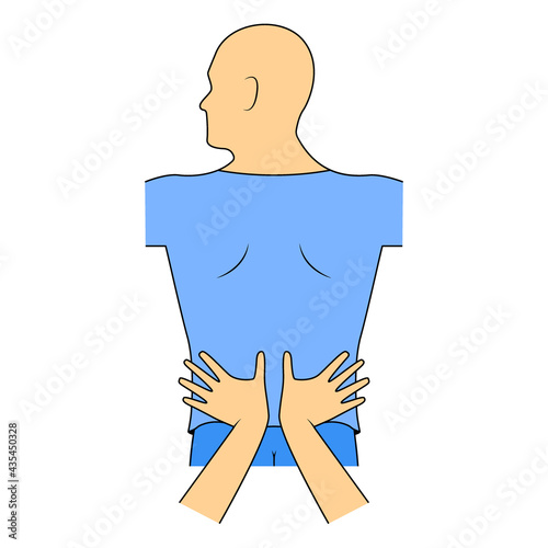 Massage. Yumeiho therapy. Instructions for performing massage techniques, kneading the muscles of the lower back. Simple vector illustration for physical therapy guidelines, websites and prints.