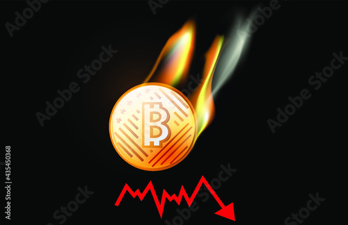 Flaming coin with Bitcoin in 3D style. New crypto gold design. Vector illustration of digital currency of the future. A falling market with a losing curve.