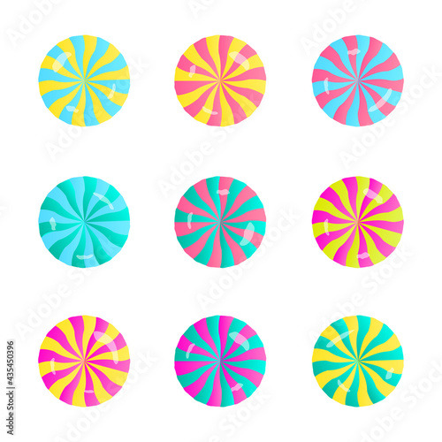 set of round striped candies in different colors. collection of realistic lollipops for decoration posters and banners. vector illustration elements isolated on white background