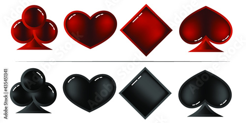Vector badges for playing cards on a white background. 3D suits for print and online games. Stock illustration for a casino. Set from: Cherv, Tambourine, Crest, Pica.