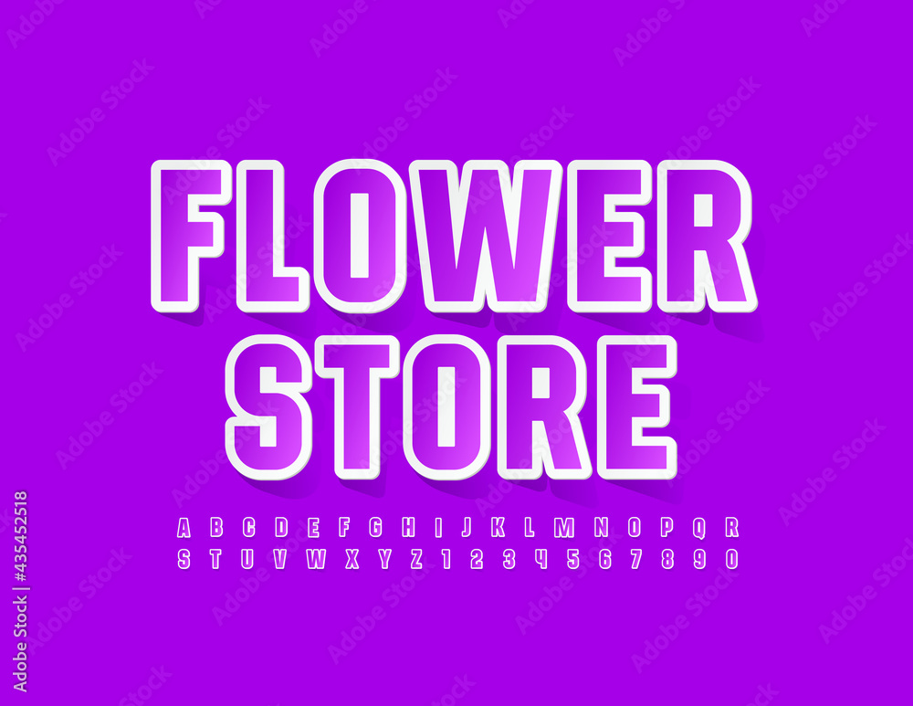 Vector stylish Emblem Flower Store. Sticker style Font. Bright Alphabet Letters and Numbers set