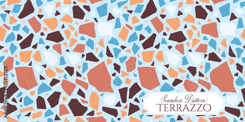Terrazzo broken tile floor texture seamless pattern, vector abstract background with chaotic mosaic pieces, composed of natural stone, marble, glass, and concrete imitations.