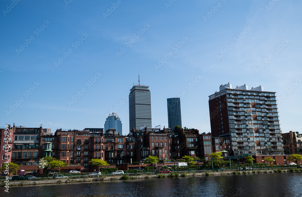 Cinematic Boston skyline photo showing the iconic Prudential Center and other known skyscrapers Cinematic Boston skyline photo showing the iconic Prudential Center and other known skyscrapers
